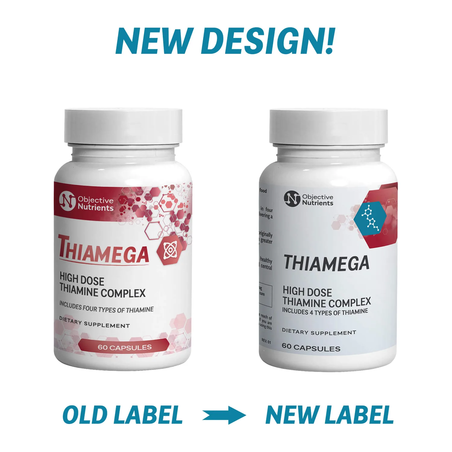 Thiamega old and new label design on the same 60 capsule bottle