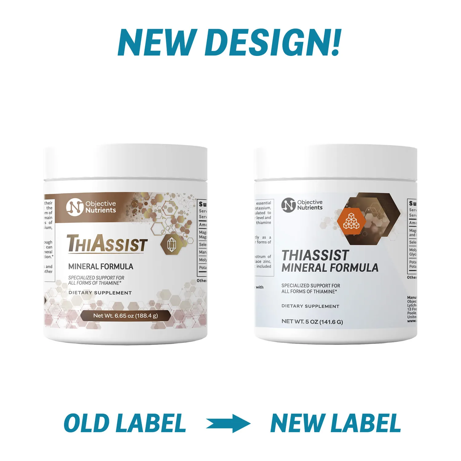 ThiAssist old and new label design on the same 60 scoop tub