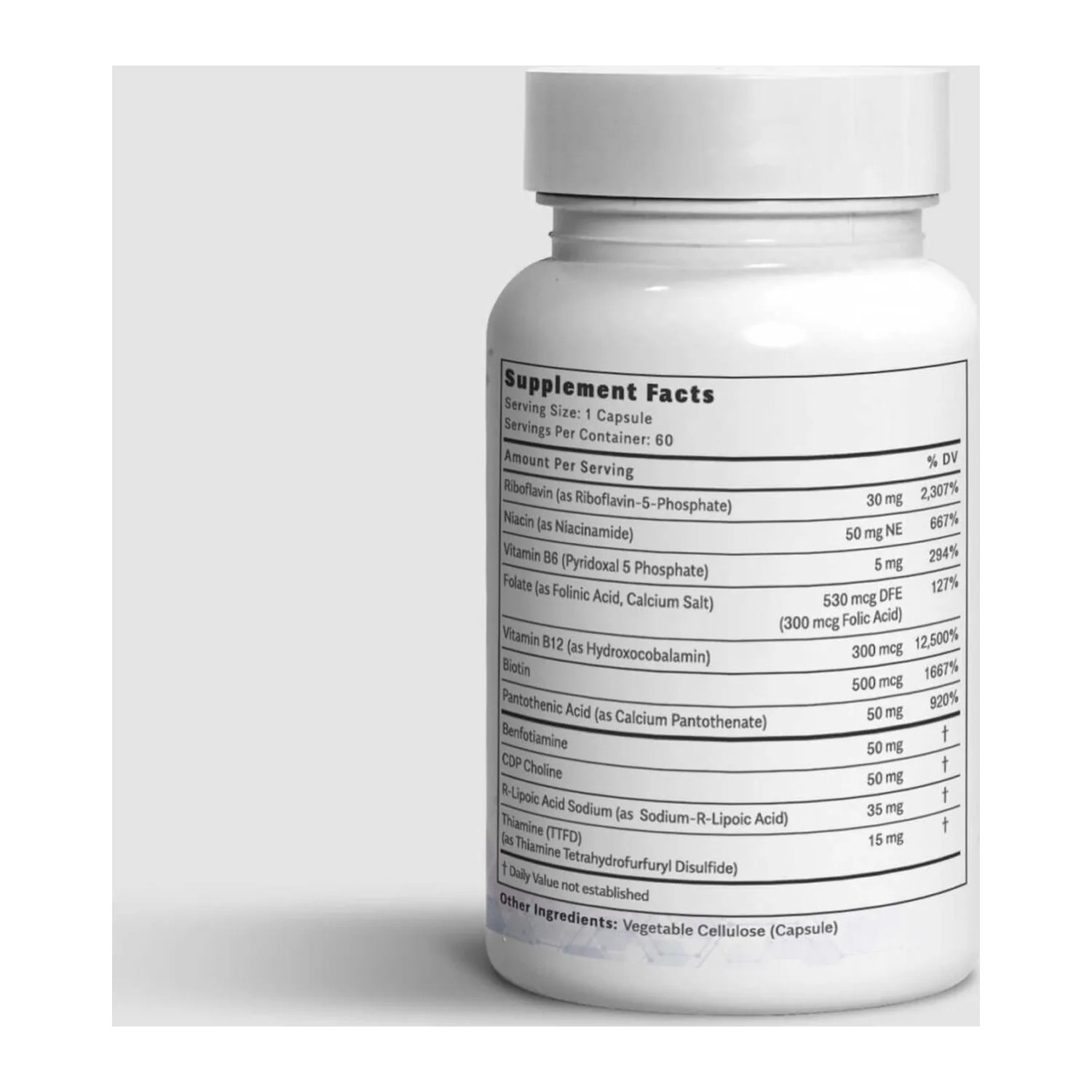 Thiavite supplement facts label with methyl-free B vitamins, benfotiamine, CDP choline, R-lipoic acid and TTFD
