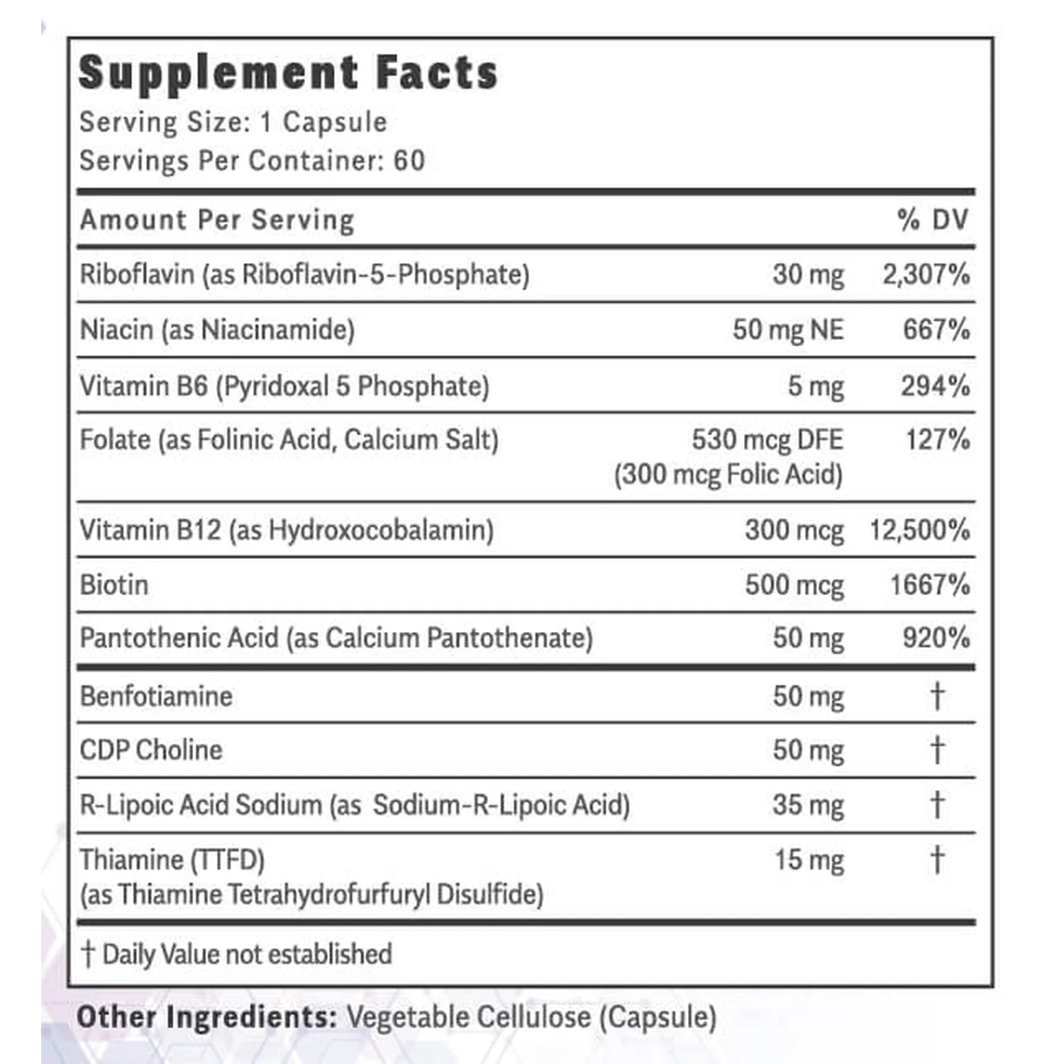 Thiavite supplement facts: methyl-free B vitamins with folinic acid, hydroxocobalamin, benfotiamine, CDP choline and TTFD per capsule