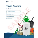 Toxin Zoomer sample report cover with the five report sections: summary, mycotoxins, heavy metals, environmental toxins and PFAS