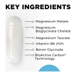 TriMag Complex capsule with its key ingredients: magnesium malate, magnesium bisglycinate chelate, magnesium taurate, vitamin B6, boron glycinate and BioActive Carbon