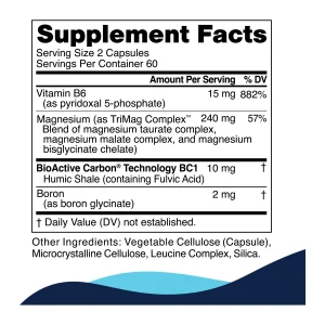 trimag-complex-supplement-facts TriMag Complex supplement facts: magnesium as taurate, malate and bisglycinate complexes, vitamin B6, boron and BioActive Carbon per two-capsule serving