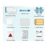 Contents of the Neural Zoomer Plus home collection kit: blood spot cards, lancet, gloves, alcohol pads and return packaging