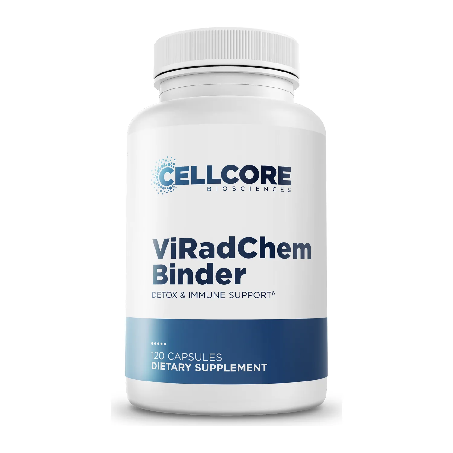 CellCore ViRadChem Binder supplement, front of bottle, 120 capsules