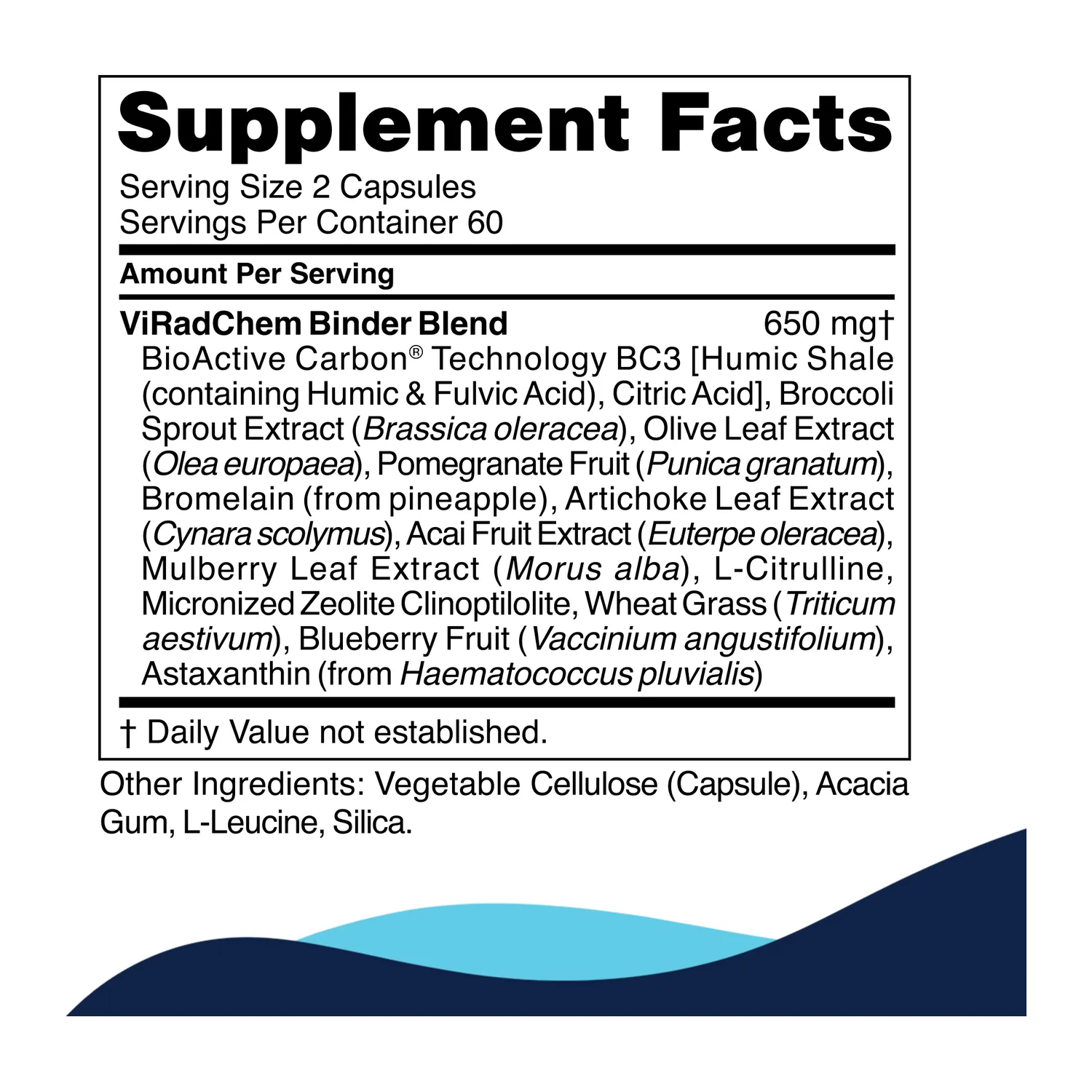 CellCore ViRadChem Binder supplement facts panel with the 650 mg binder blend