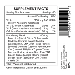 ACP supplement facts: vitamins A, C and E with calcium and a proprietary blend of rose hips, citrus bioflavonoids, paprika, damiana, pedra hume caa, carrot, peach bark and liver, thymus and spleen RNA/DNA tissue factors