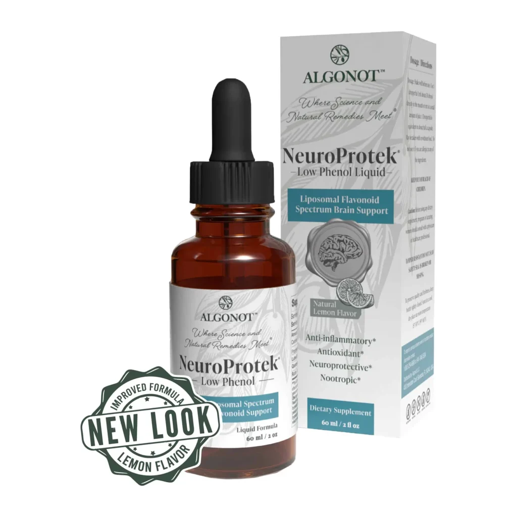 Algonot NeuroProtek Low Phenol Liquid in natural lemon flavour, 60 ml dropper bottle and box