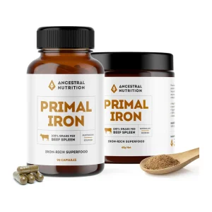 Ancestral Nutrition Primal Iron, front of the bottle, 90 capsules of grass-fed beef spleen