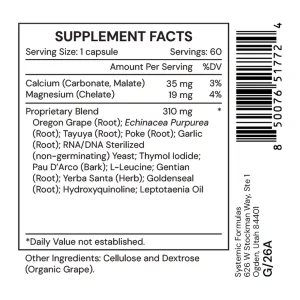 bactrex-supplement-facts Bactrex supplement facts: calcium and magnesium with a proprietary blend of Oregon grape, echinacea, tayuya, poke, garlic, thymol iodide, pau d'arco, gentian, yerba santa, goldenseal, hydroxyquinoline and leptotaenia oil