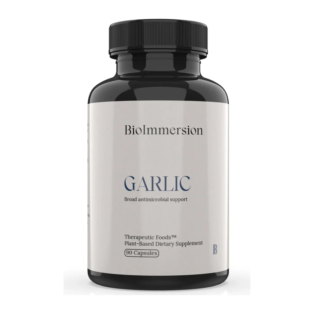 BioImmersion Organic Garlic, front of bottle with 90 capsules