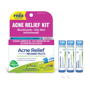 Boiron Acne Relief Kit box with its three tubes of meltaway pellets: Eugenia jambosa 6C, Kali bromatum 30C and Selenium metallicum 6C