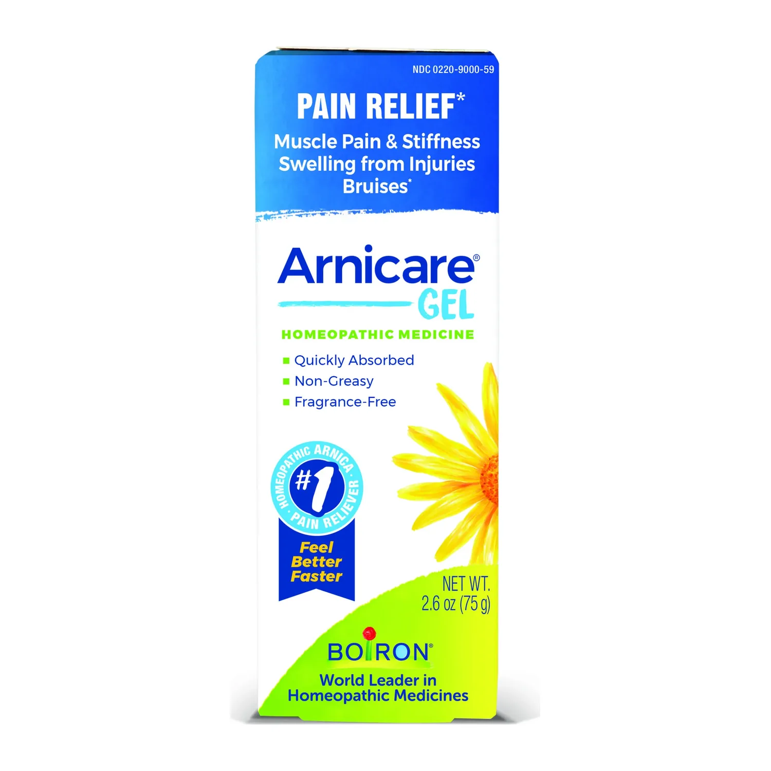 Front of the Boiron Arnicare Gel carton showing it is quickly absorbed, non-greasy and fragrance-free