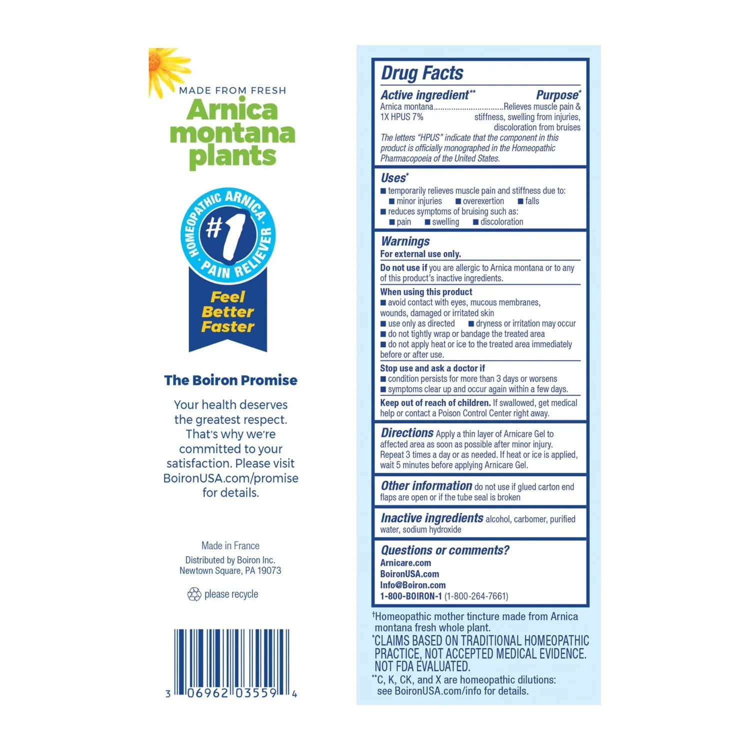 Drug Facts label for Boiron Arnicare Gel showing Arnica montana 1X HPUS 7 percent, uses, warnings and directions