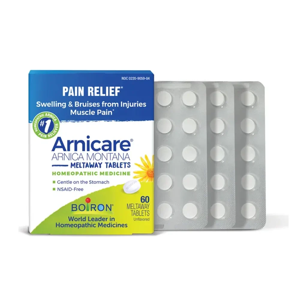 Boiron Arnicare Arnica Montana box of 60 unflavoured meltaway tablets beside three blister sleeves