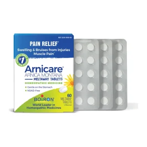 Boiron Arnicare Arnica Montana box of 60 unflavoured meltaway tablets beside three blister sleeves