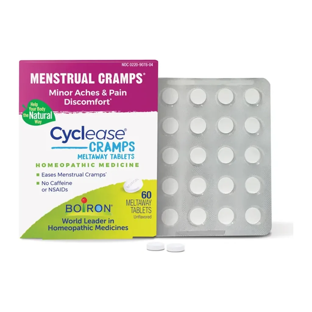 Boiron Cyclease Cramps box of 60 unflavoured meltaway tablets beside a blister sleeve and two loose tablets