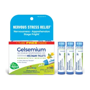 Boiron Gelsemium Sempervirens 30C box with three tubes of meltaway pellets for nervous stress relief