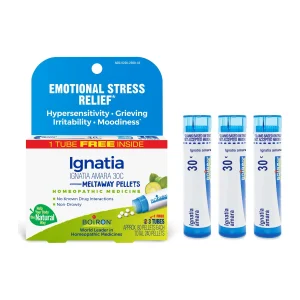 Boiron Ignatia Amara 30C box with three tubes of meltaway pellets for emotional stress relief