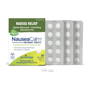 Boiron NauseaCalm box of 60 unflavoured meltaway tablets with three blister sleeves and two loose tablets
