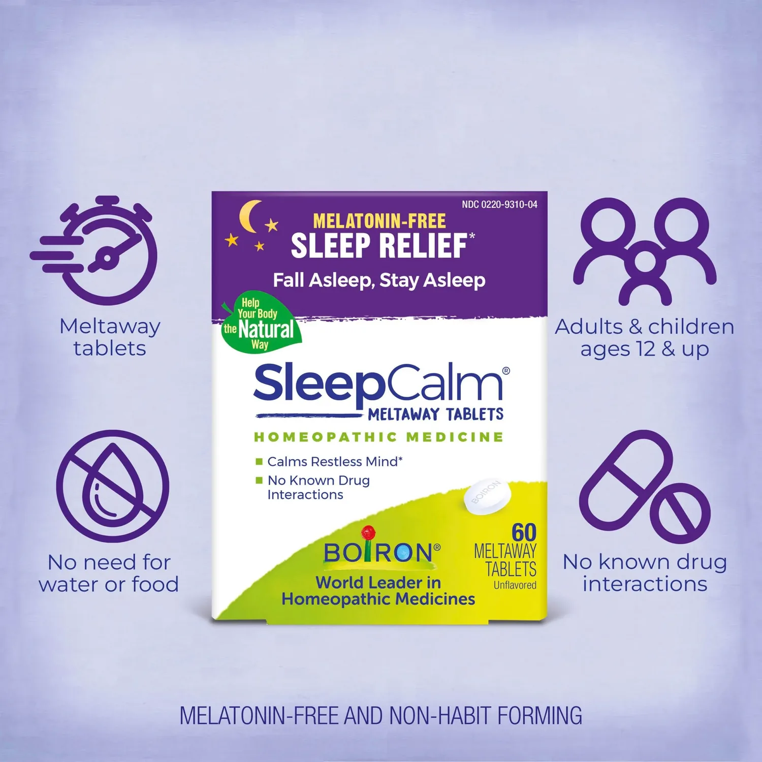 Boiron SleepCalm meltaway tablets: for adults and children aged twelve and up, no water or food needed, melatonin-free and non-habit forming