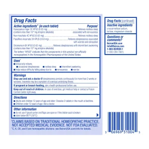 Drug Facts label for Boiron SleepCalm showing its four active ingredients, their purposes, uses and directions