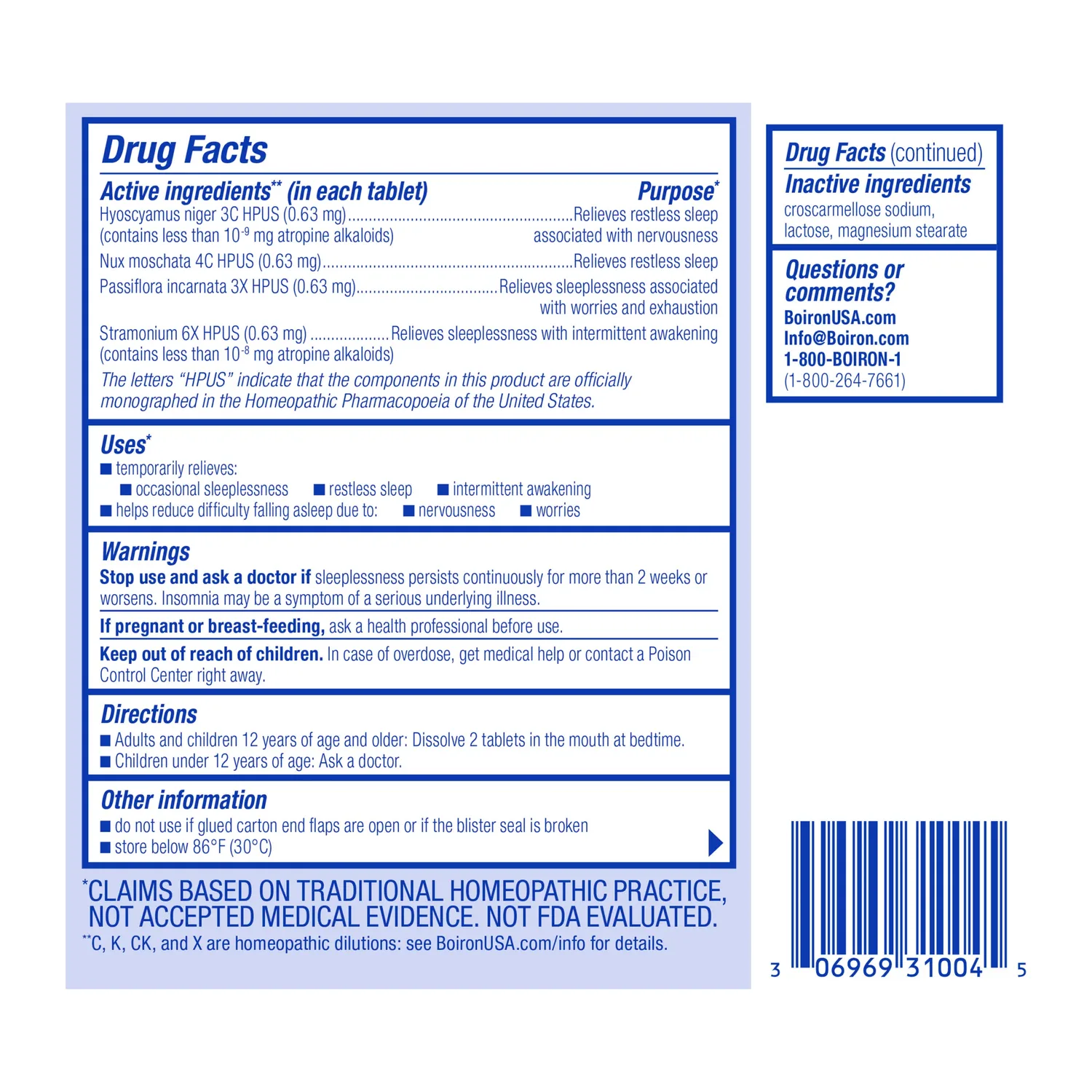 Drug Facts label for Boiron SleepCalm showing its four active ingredients, their purposes, uses and directions