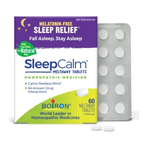 Boiron SleepCalm box of 60 unflavoured melatonin-free meltaway tablets with a blister sleeve and two loose tablets