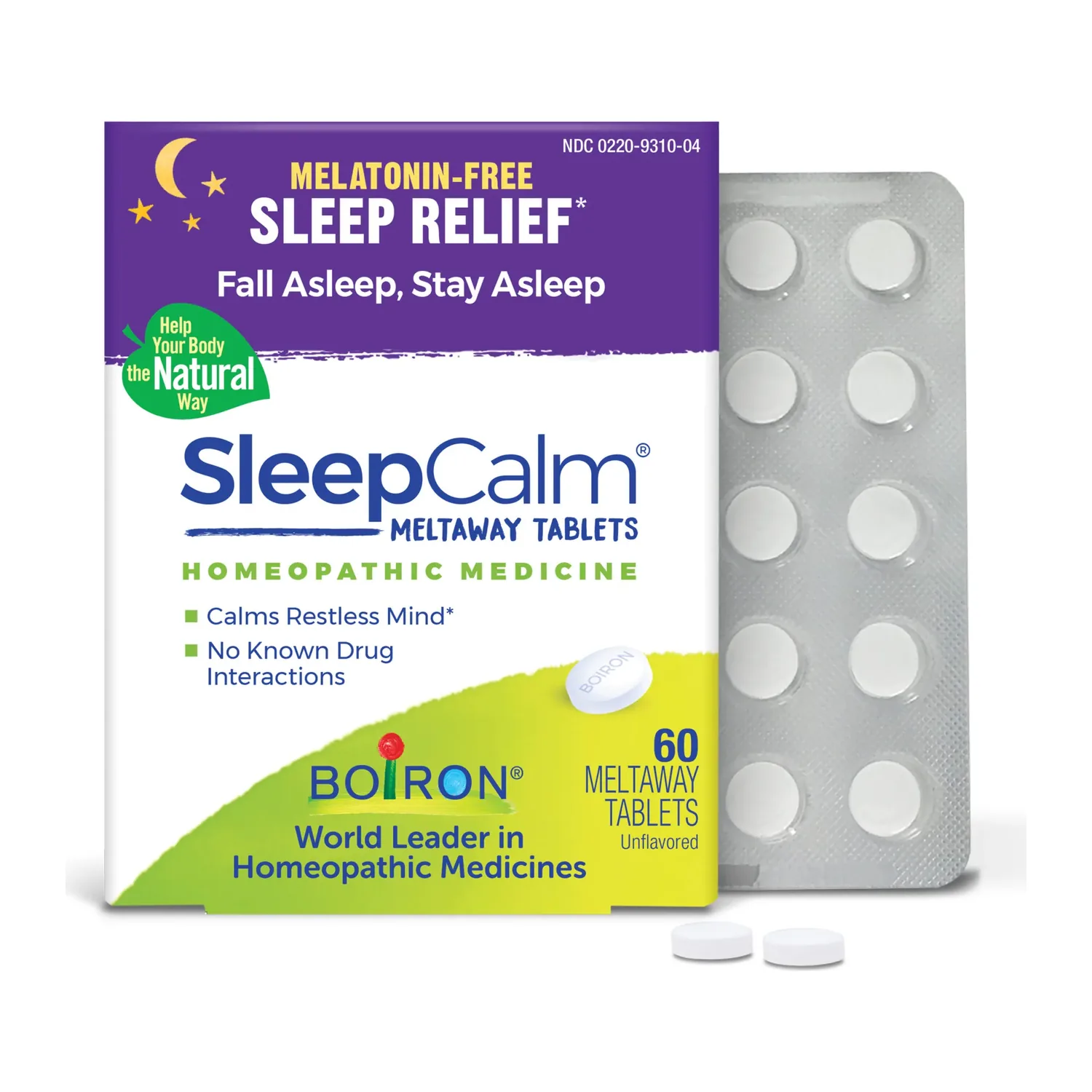 Boiron SleepCalm box of 60 unflavoured melatonin-free meltaway tablets with a blister sleeve and two loose tablets