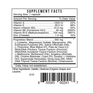 Fpms supplement facts: vitamins A, E, B3, B6 and B12 with zinc and a proprietary blend of dong quai, angelica, motherwort, marapuama, inositol, sage and RNA/DNA tissue factors