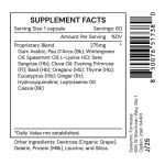 FungDX supplement facts: proprietary blend of pau d'arco, wintergreen, spearmint, clove, evening primrose, basil, oregano, thyme, eucalyptus, ginger, hydroxyquinoline, leptotaenia oil and cassia