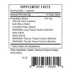 Gf Thyroid supplement facts: proprietary blend of pata de vaca, Irish moss, pumpkin seed, kelp, abuta and RNA/DNA tissue factors