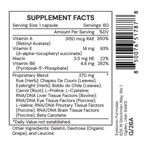 i-eyes-supplement-facts I Eyes supplement facts: vitamins A, E, B6 and niacin with a proprietary blend of rue, eyebright, boldo do Chile, chapeu de couro, carrot, amino acids and RNA/DNA tissue factors