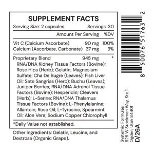 K Kidney supplement facts: vitamin C and calcium with a proprietary blend of kidney, adrenal and thalamus RNA/DNA tissue factors, gelatin, cha de bugre, buchu, juniper, cleavers, rose hips and amino acids