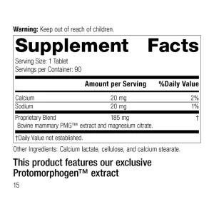Mammary PMG supplement facts: calcium and sodium with a proprietary blend of bovine mammary PMG extract and magnesium citrate