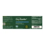 Oxy-Powder full label: suggested use, supplement facts and vegan, gluten-free and no animal testing marks