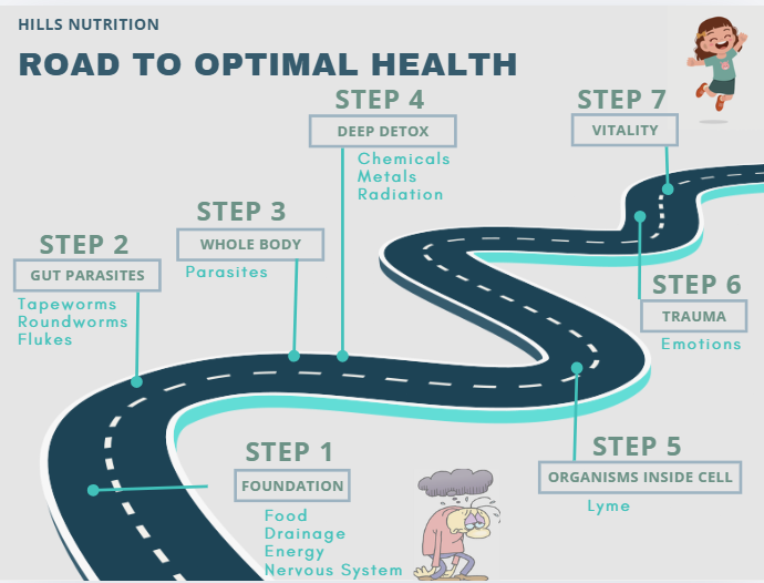 The Road to Optimal Health: a winding path along seven numbered steps, from Foundation to Cultivating Vitality.