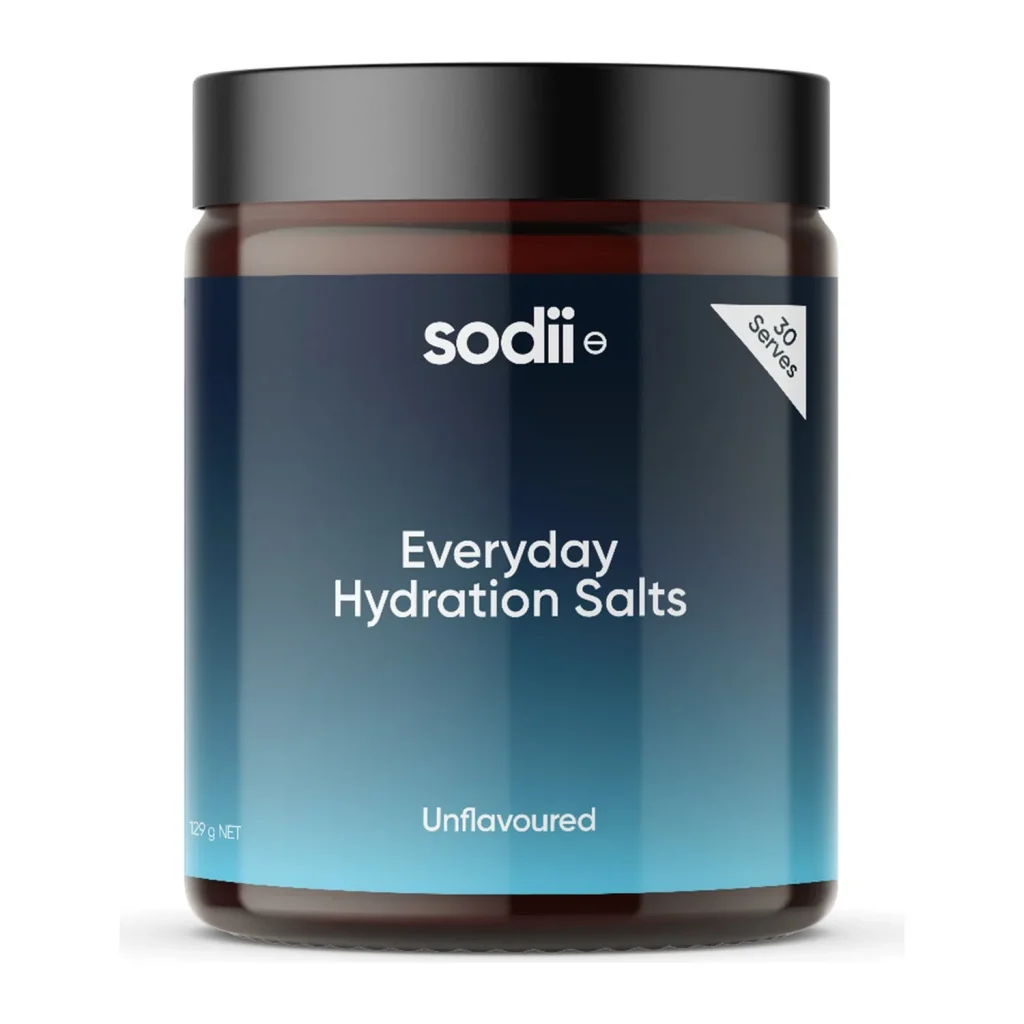 Sodii Unflavoured Everyday Hydration Salts, front of the 129 g tub, 30 serves