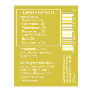 WO Oil ingredients: wormseed, eucalyptus, wintergreen, peppermint, carrot seed, basil and leptotaenia oils