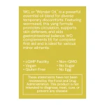 WO Oil label panel: directions for topical use, cGMP facility, non-GMO, vegan and gluten free