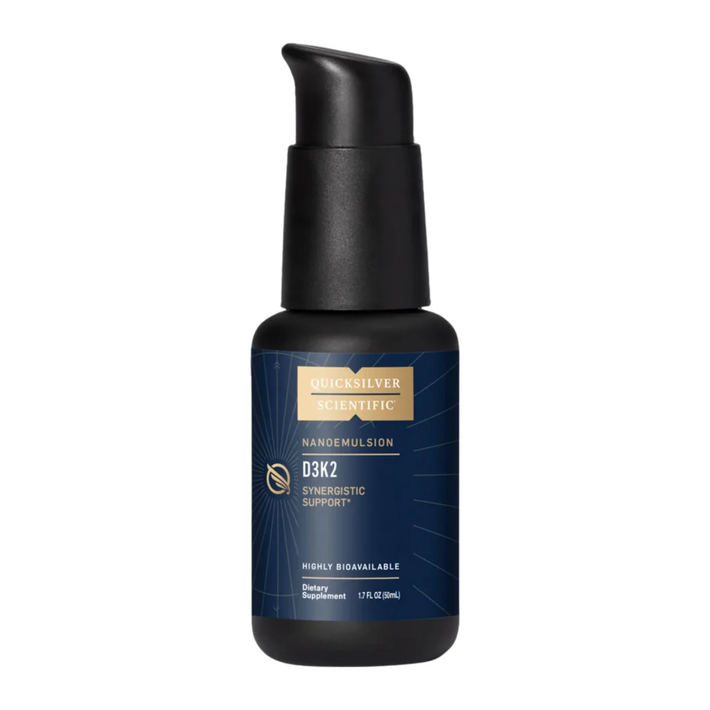 Quicksilver Scientific D3K2 nanoemulsion, front of 50 mL pump bottle